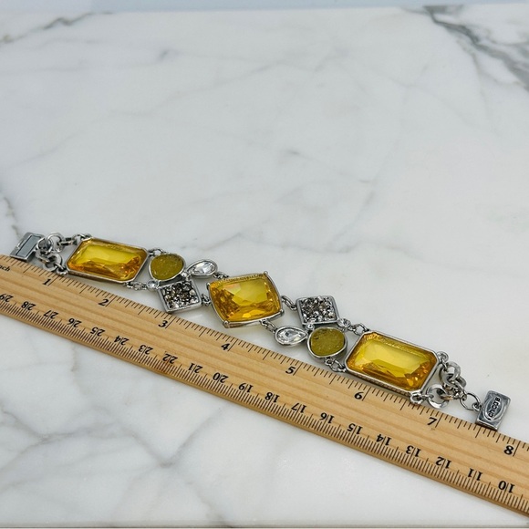 Chico’s Yellow Glass Stone Silver Tone Link Bracelet 7” Statement Jewelry - Picture 2 of 8